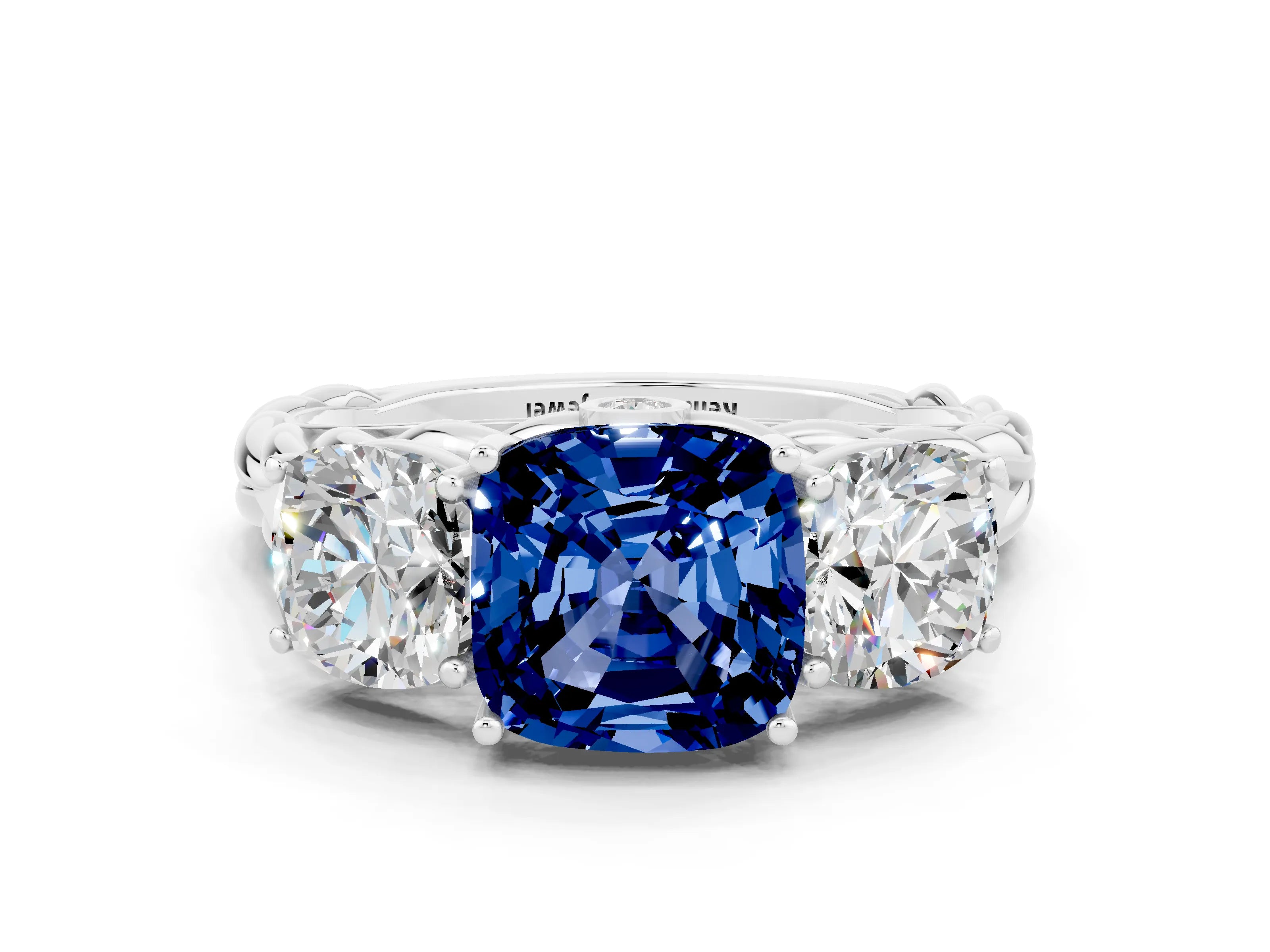 White gold Three-Stone Cushion Cut Blue Sapphire Braided Band Ring with Four-Prong Setting_12