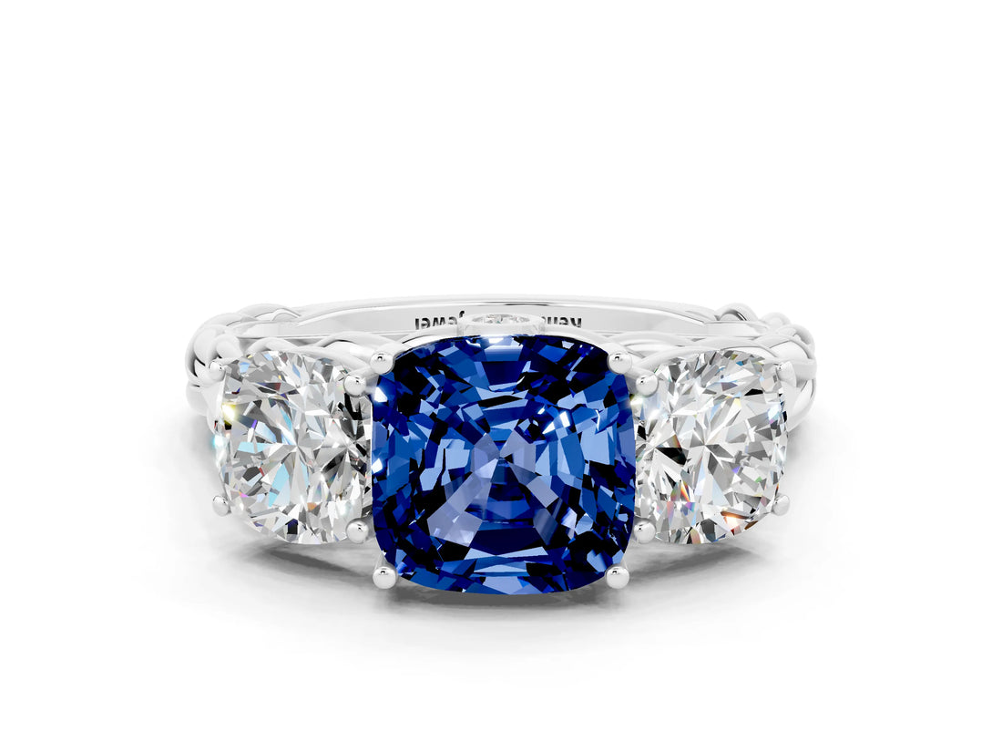 White gold Three-Stone Cushion Cut Blue Sapphire Braided Band Ring with Four-Prong Setting_12