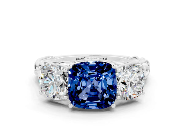 Silver Three-Stone Cushion Cut Blue Sapphire Braided Band Ring with Four-Prong Setting