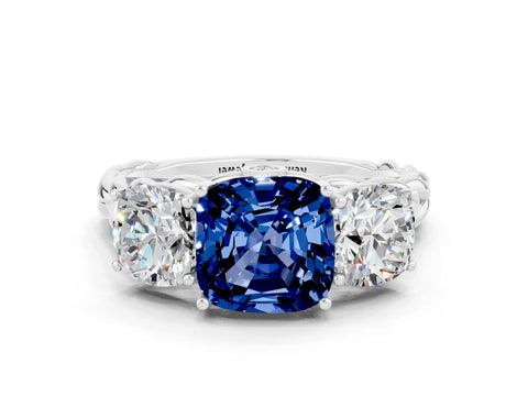 White gold Three-Stone Cushion Cut Blue Sapphire Braided Band Ring with Four-Prong Setting_12