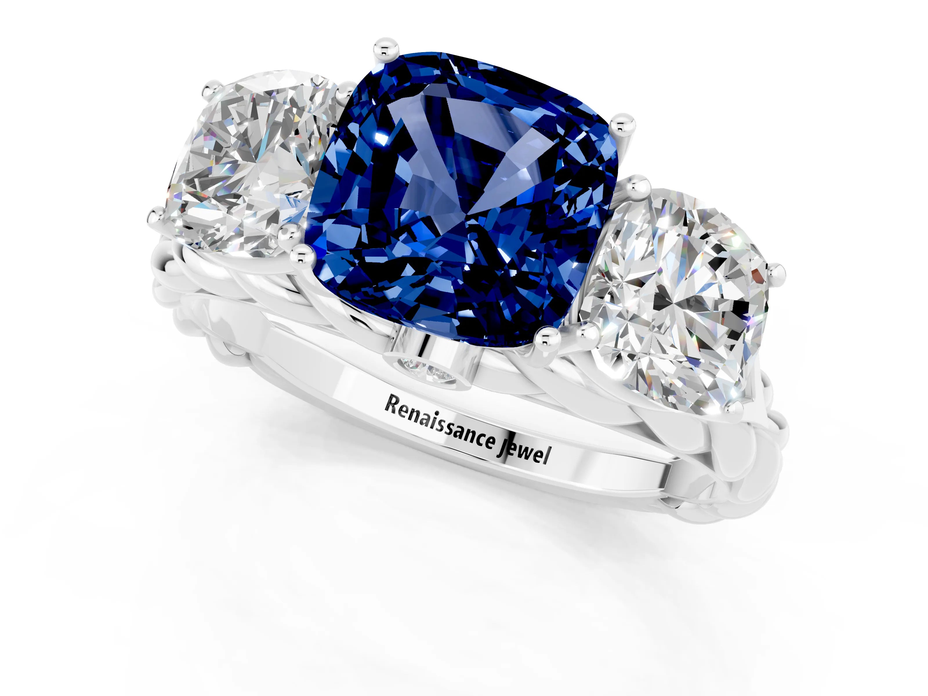 White gold Three-Stone Cushion Cut Blue Sapphire Braided Band Ring with Four-Prong Setting_13