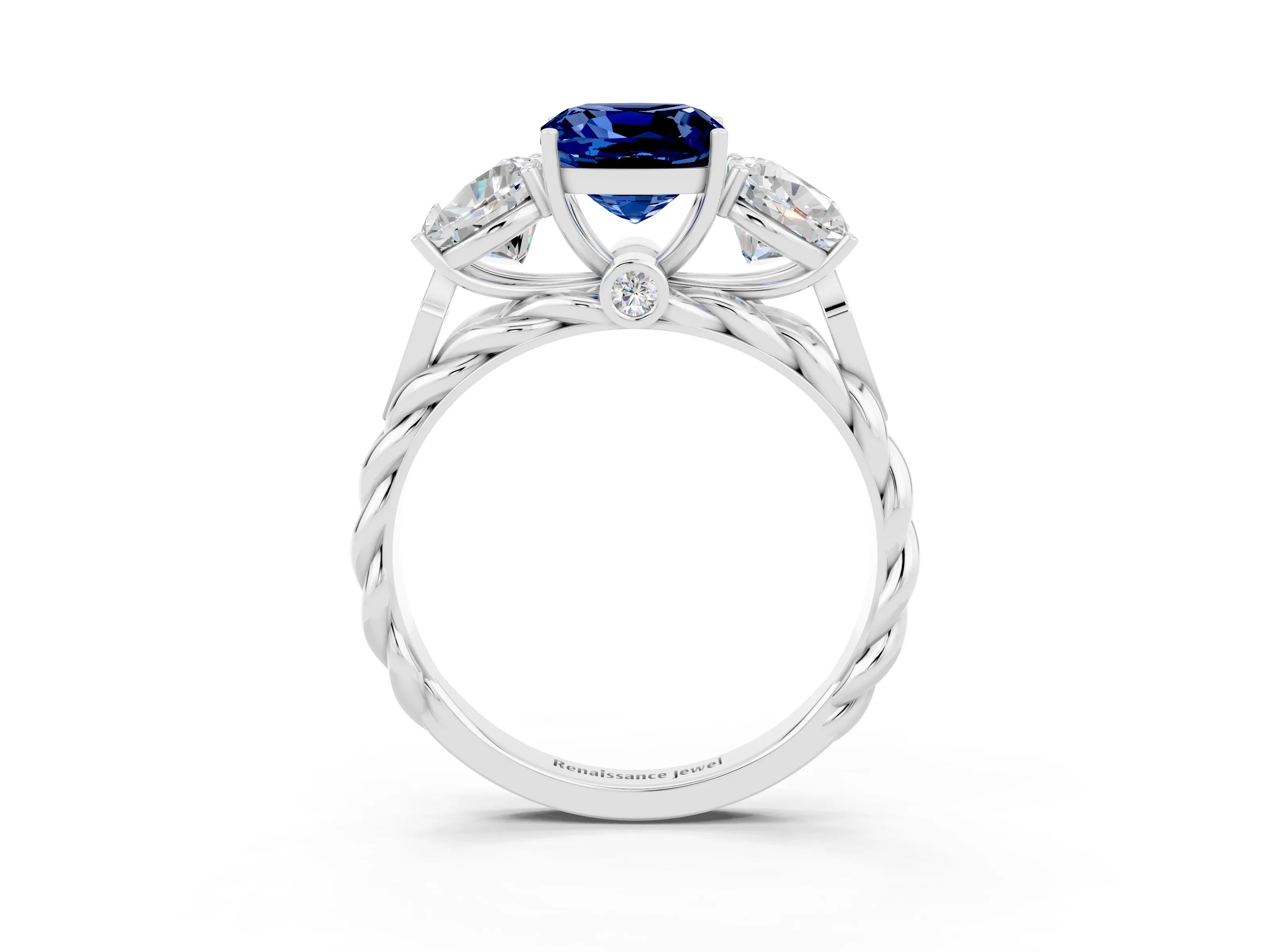 White gold Three-Stone Cushion Cut Blue Sapphire Braided Band Ring with Four-Prong Setting_15