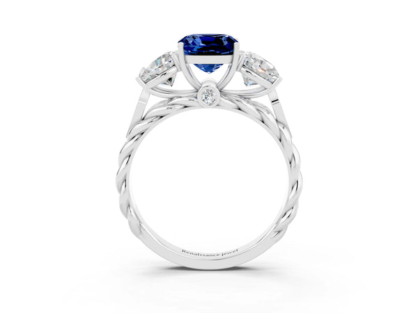 White gold Three-Stone Cushion Cut Blue Sapphire Braided Band Ring with Four-Prong Setting
