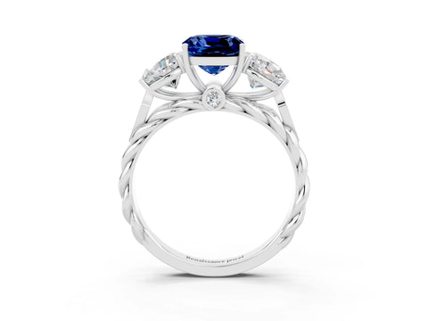 White gold Three-Stone Cushion Cut Blue Sapphire Braided Band Ring with Four-Prong Setting_15