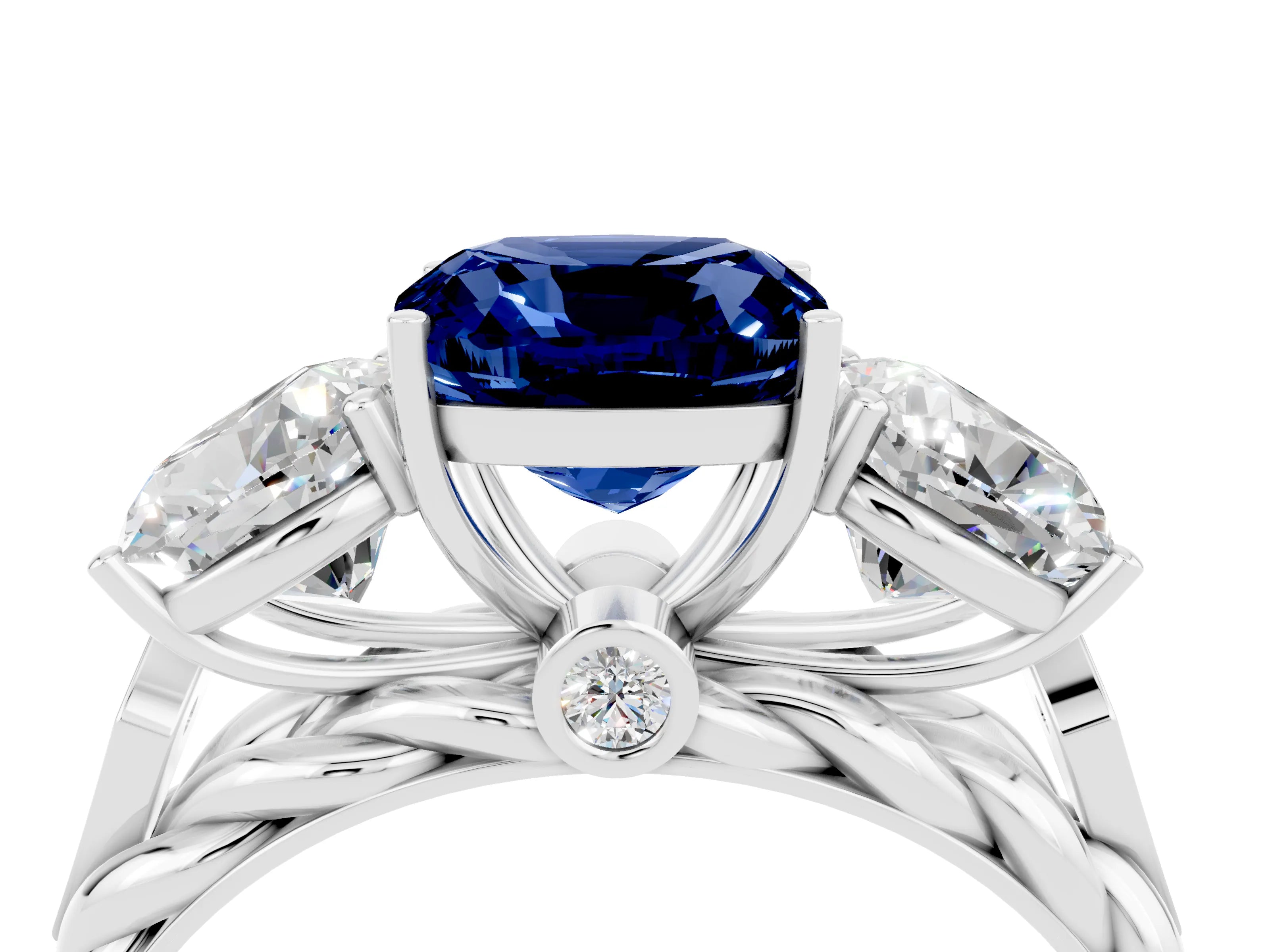 White gold Three-Stone Cushion Cut Blue Sapphire Braided Band Ring with Four-Prong Setting_16
