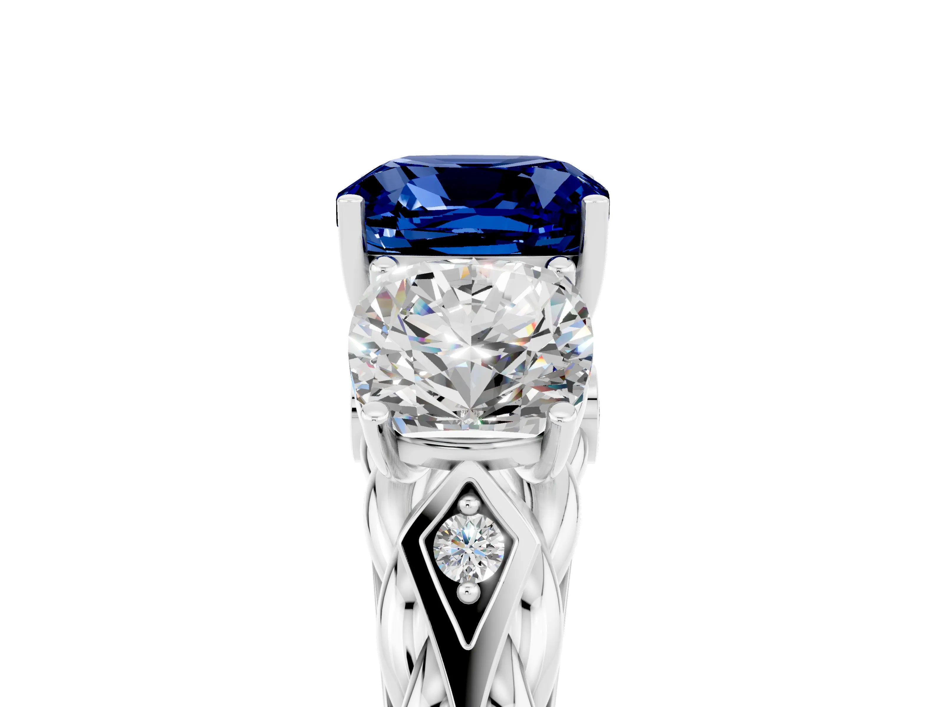 White gold Three-Stone Cushion Cut Blue Sapphire Braided Band Ring with Four-Prong Setting_17