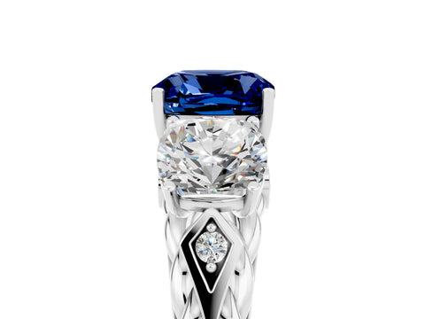 White gold Three-Stone Cushion Cut Blue Sapphire Braided Band Ring with Four-Prong Setting_17