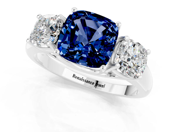 White gold Three-Stone Cushion Cut Blue Sapphire Engagement Ring with Prong Setting