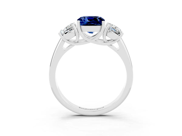 Silver Three-Stone Cushion Cut Blue Sapphire Engagement Ring with Prong Setting