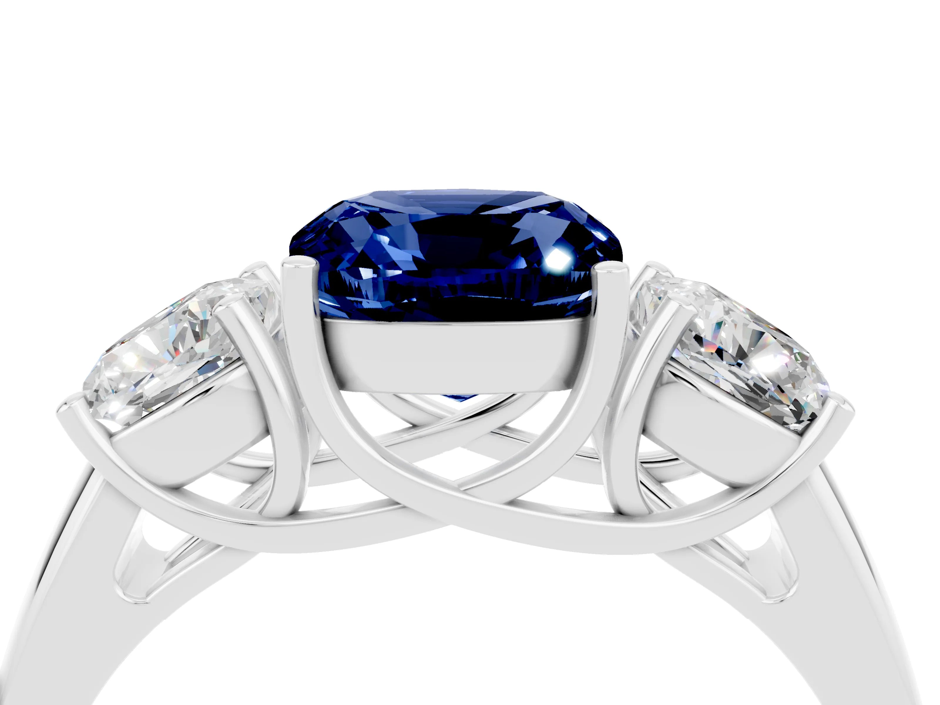 White gold Three-Stone Cushion Cut Blue Sapphire Engagement Ring with Prong Setting_4