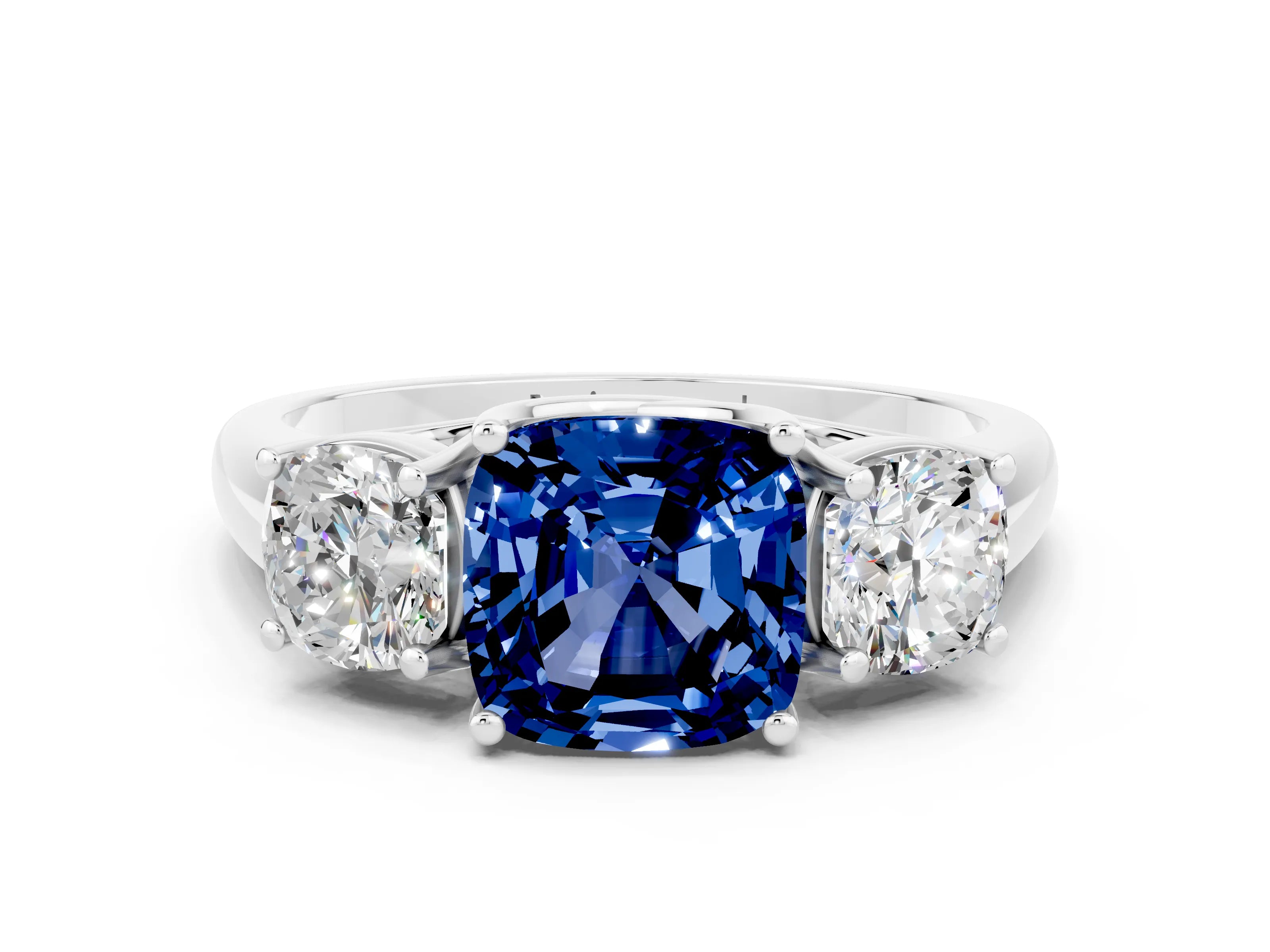 White gold Three-Stone Cushion Cut Blue Sapphire Engagement Ring with Prong Setting