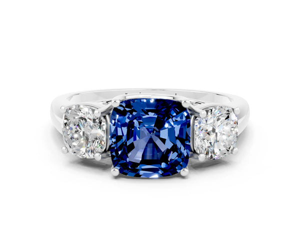 Silver Three-Stone Cushion Cut Blue Sapphire Engagement Ring with Prong Setting
