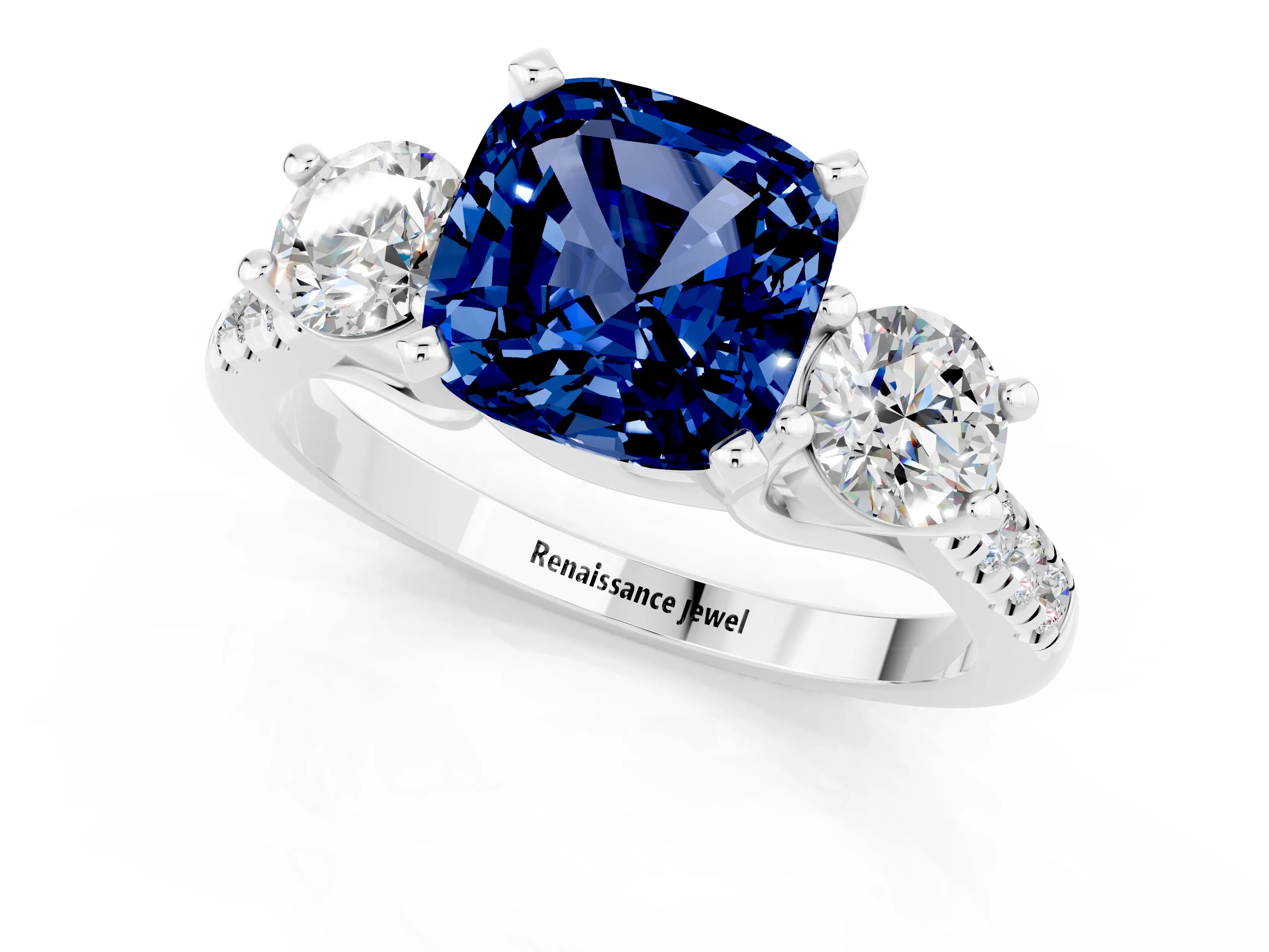 White gold Three-Stone Cushion Cut Blue Sapphire Pavé Band with Four-Prong Setting_1
