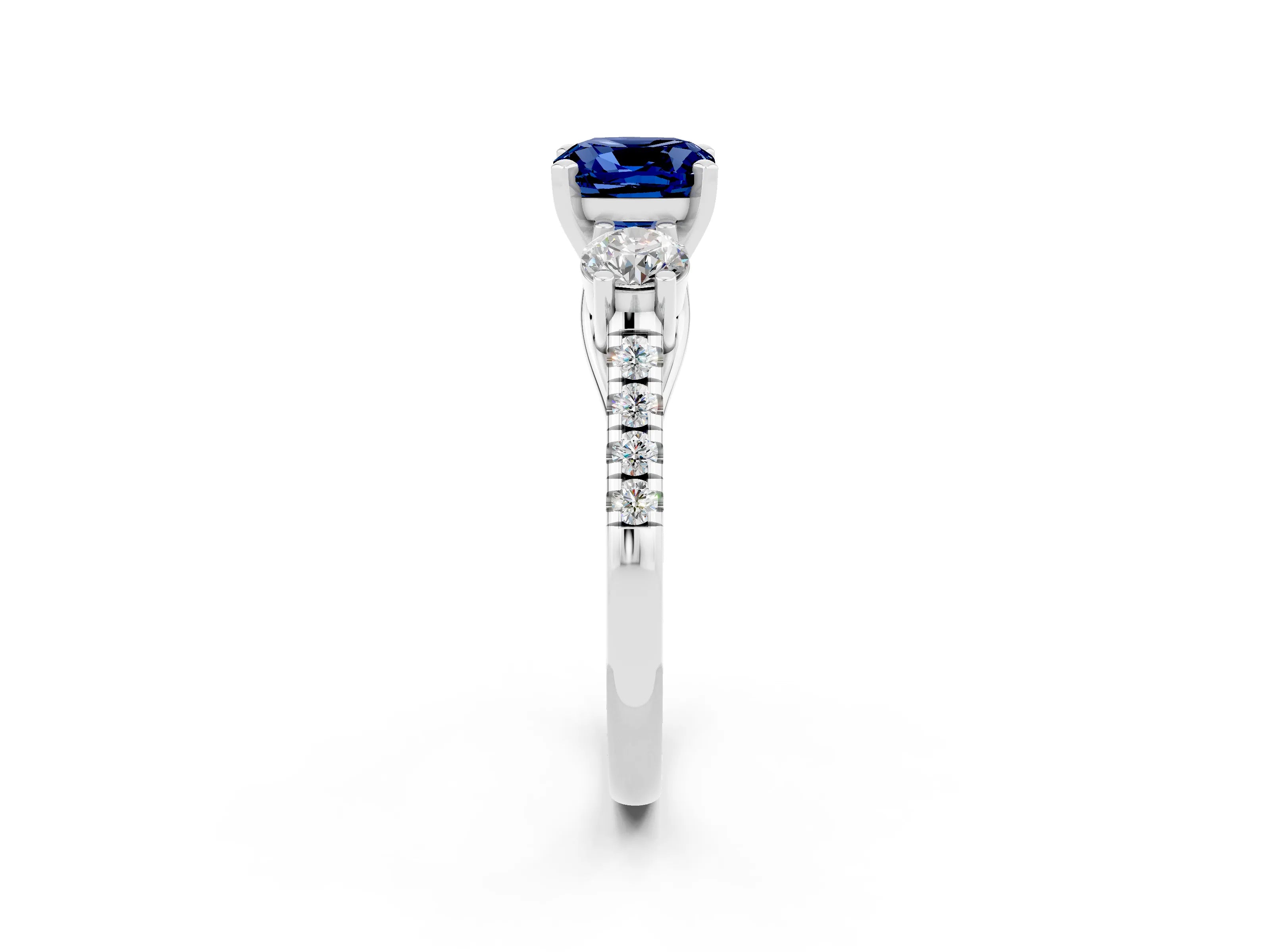 White gold Three-Stone Cushion Cut Blue Sapphire Pavé Band with Four-Prong Setting_2