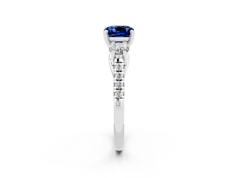 White gold Three-Stone Cushion Cut Blue Sapphire Pavé Band with Four-Prong Setting_2