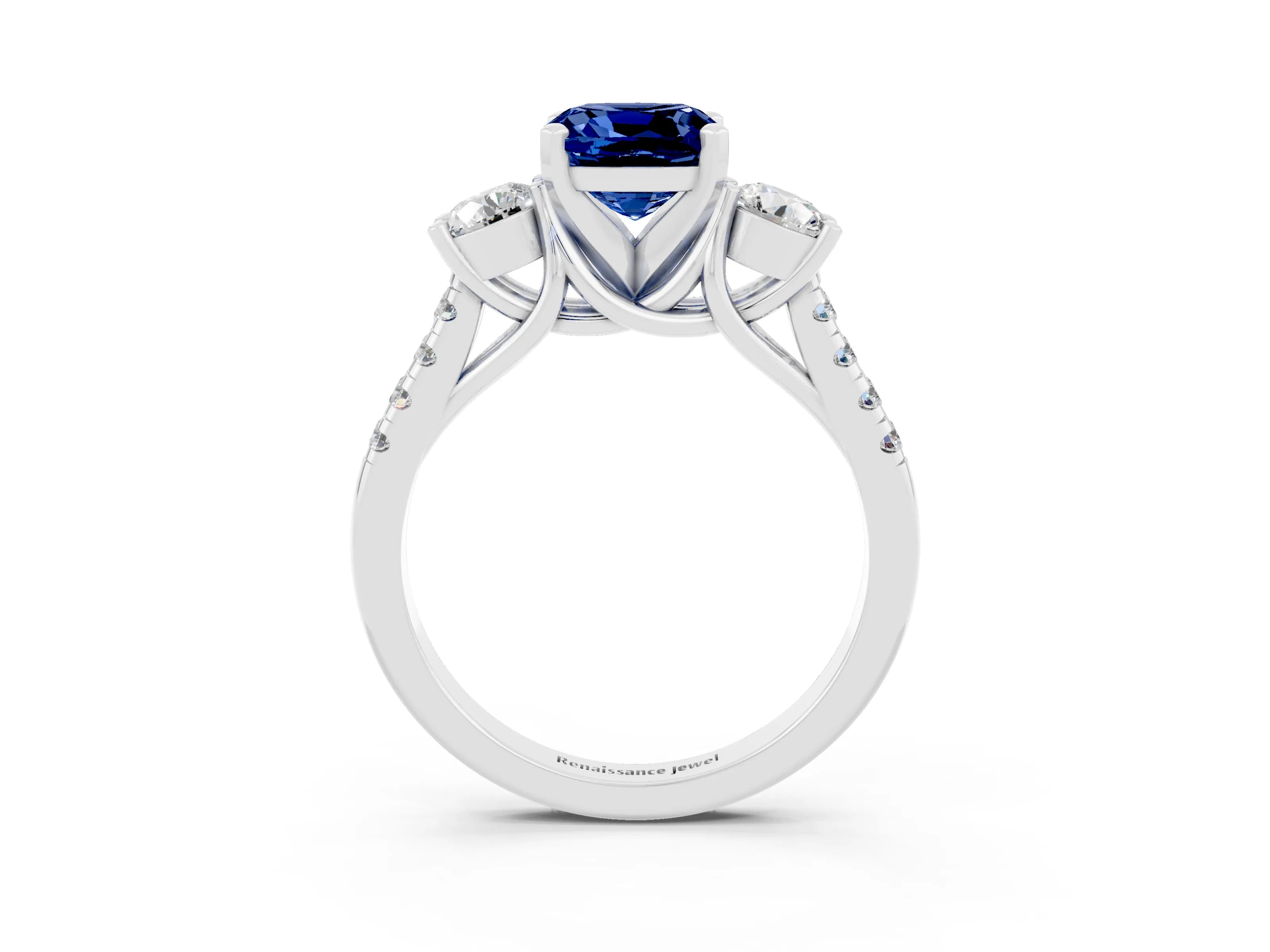 White gold Three-Stone Cushion Cut Blue Sapphire Pavé Band with Four-Prong Setting_3