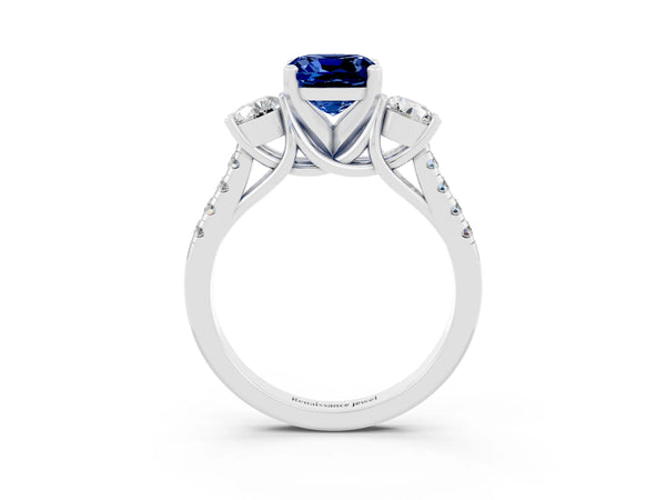 White gold Three-Stone Cushion Cut Blue Sapphire Pavé Band with Four-Prong Setting
