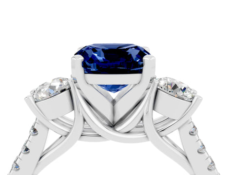 White gold Three-Stone Cushion Cut Blue Sapphire Pavé Band with Four-Prong Setting_4