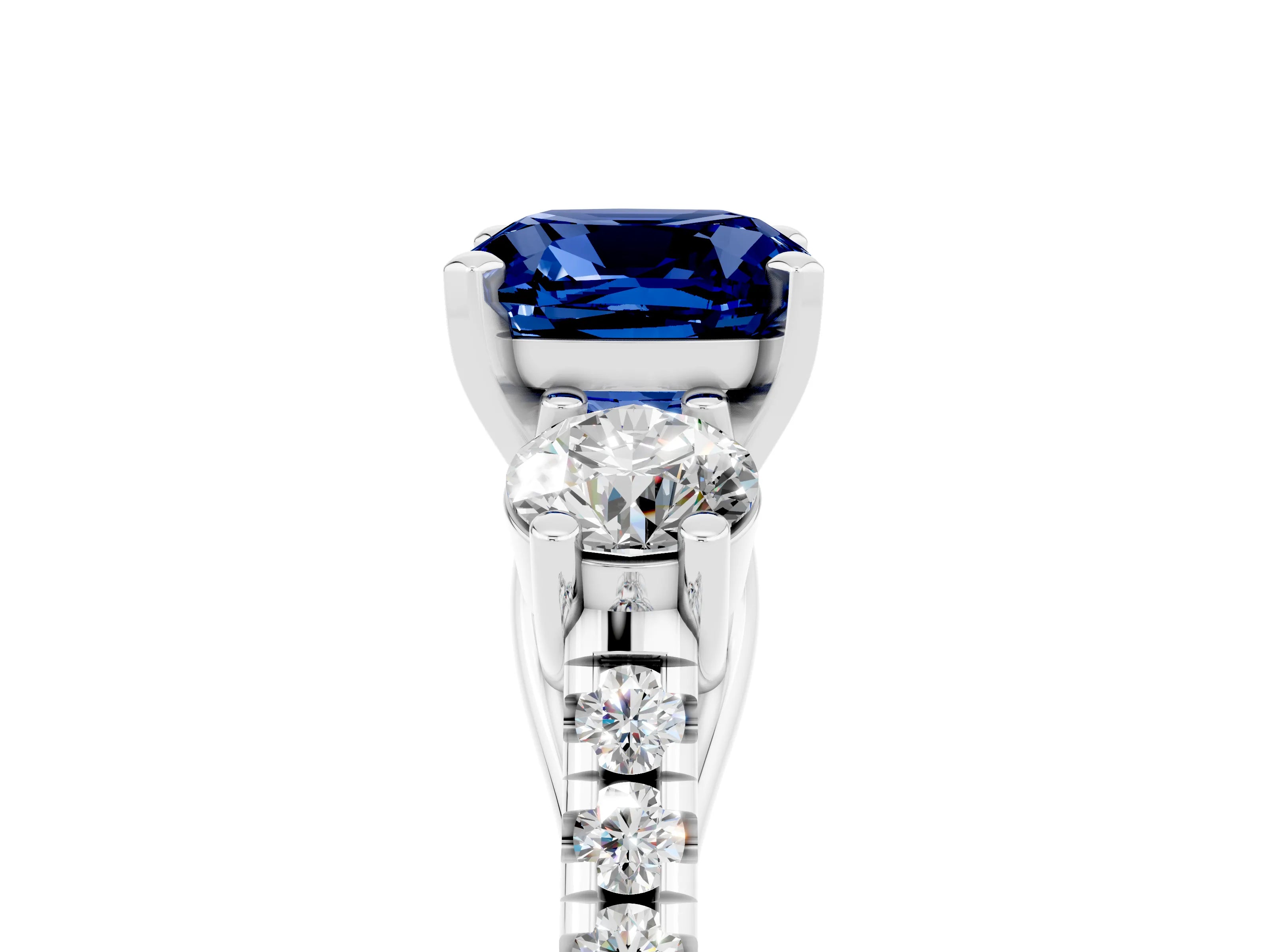 White gold Three-Stone Cushion Cut Blue Sapphire Pavé Band with Four-Prong Setting_5