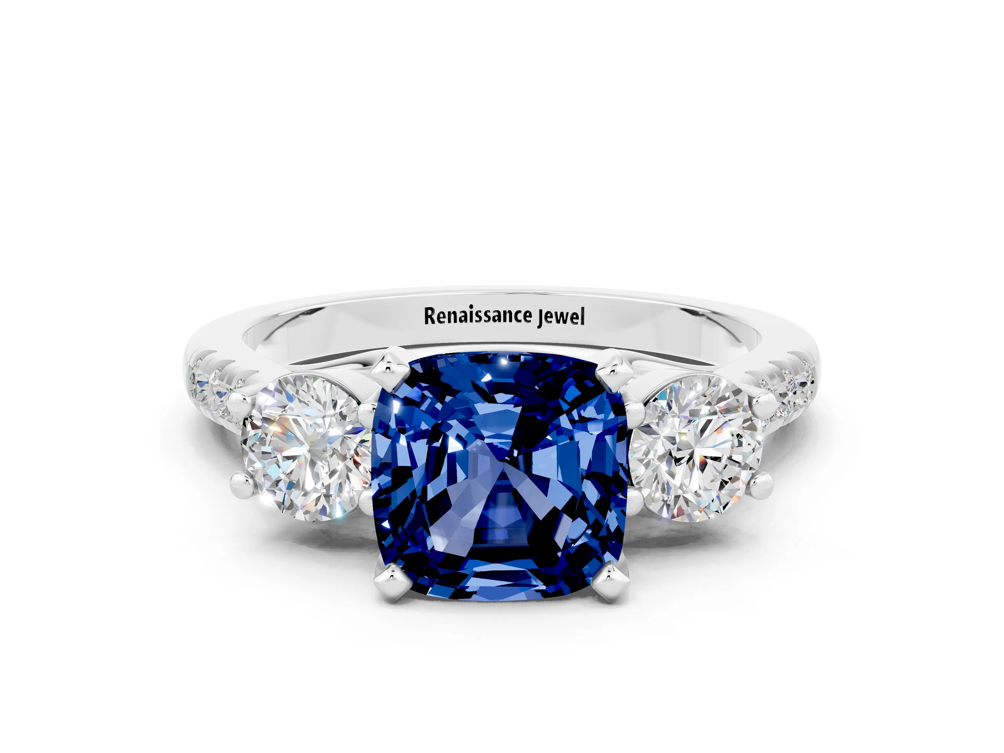 White gold Three-Stone Cushion Cut Blue Sapphire Pavé Band with Four-Prong Setting