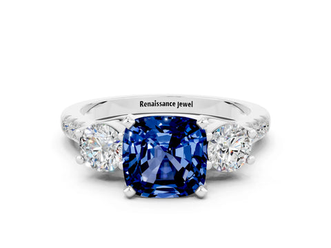 White gold Three-Stone Cushion Cut Blue Sapphire Pavé Band with Four-Prong Setting