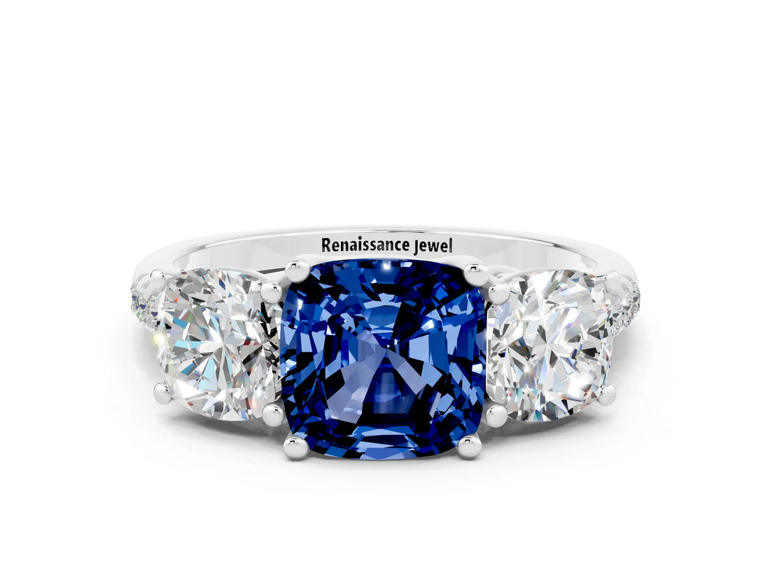 White gold Three-Stone Cushion Cut Blue Sapphire Ring with Pavé Band and Prong Setting_12