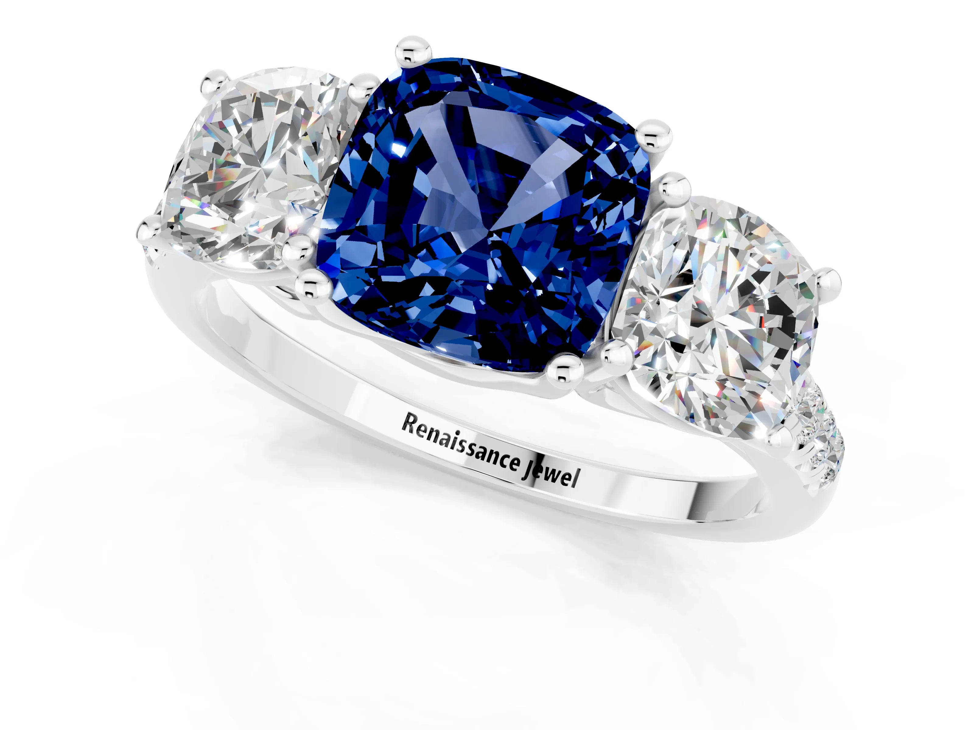 White gold Three-Stone Cushion Cut Blue Sapphire Ring with Pavé Band and Prong Setting_13
