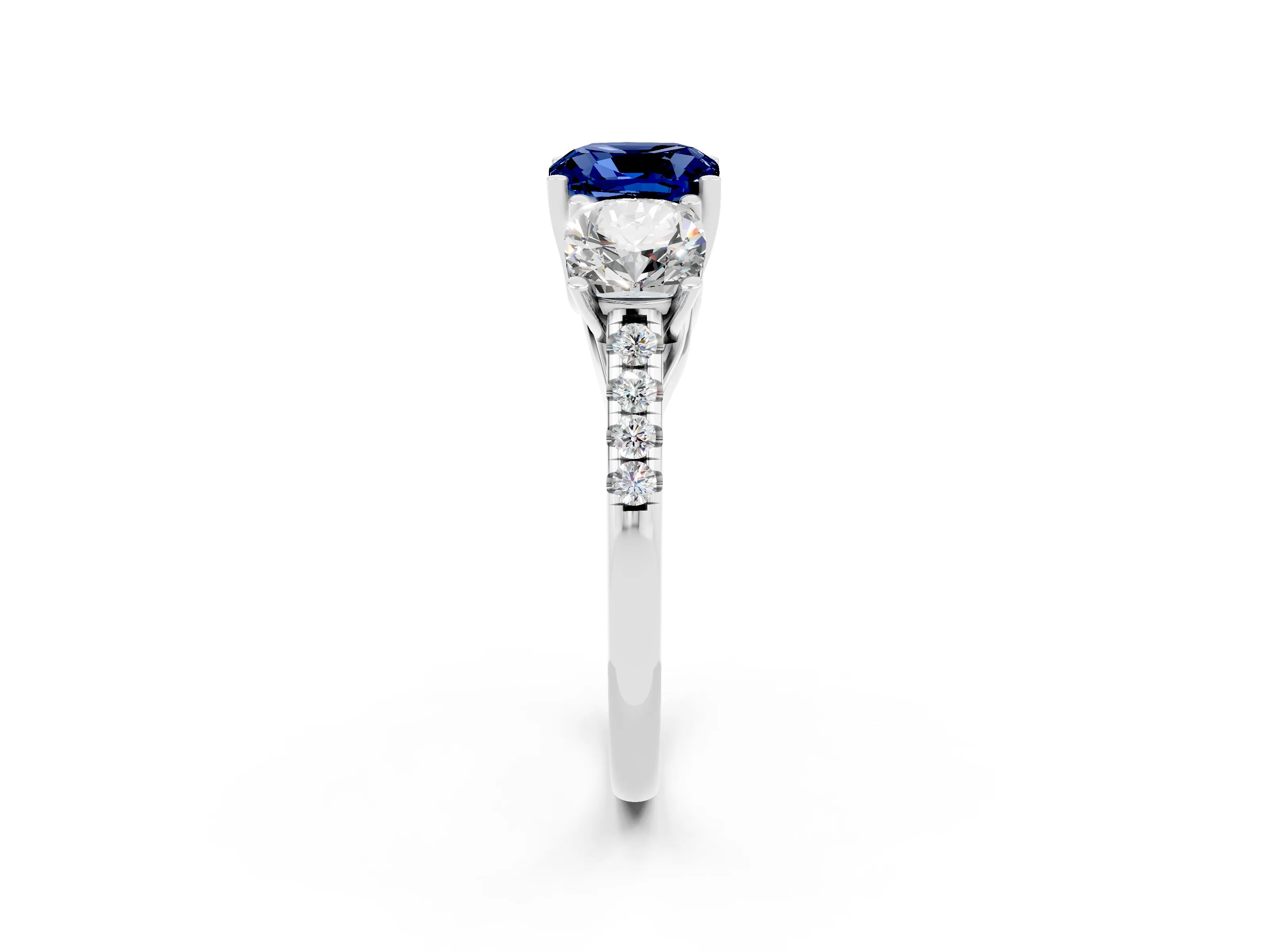 White gold Three-Stone Cushion Cut Blue Sapphire Ring with Pavé Band and Prong Setting_14