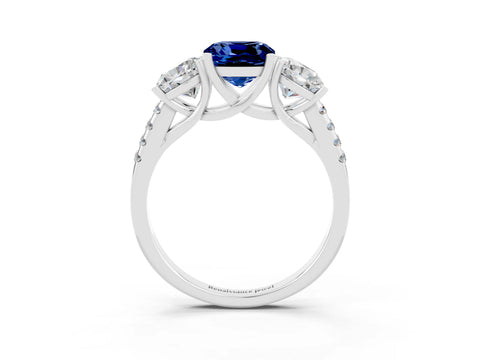 White gold Three-Stone Cushion Cut Blue Sapphire Ring with Pavé Band and Prong Setting_15