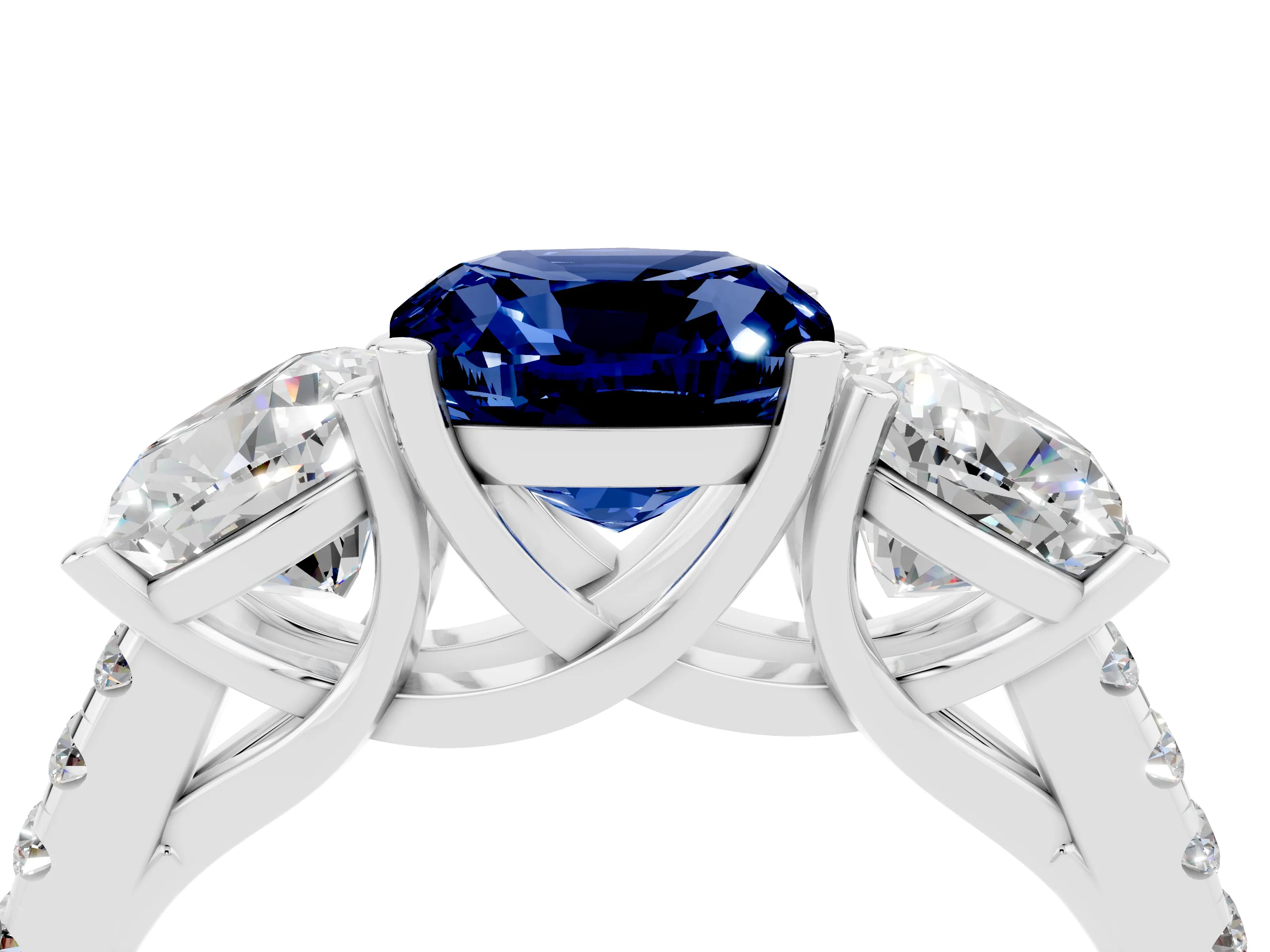 White gold Three-Stone Cushion Cut Blue Sapphire Ring with Pavé Band and Prong Setting_16