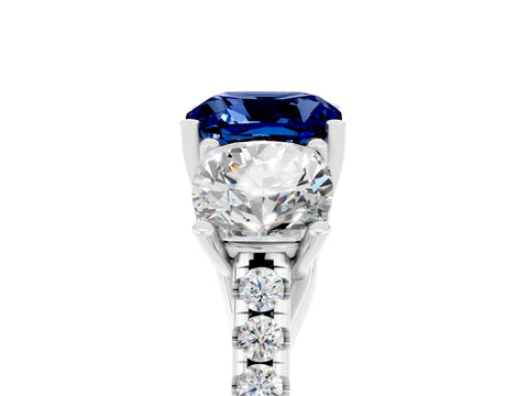 White gold Three-Stone Cushion Cut Blue Sapphire Ring with Pavé Band and Prong Setting_17