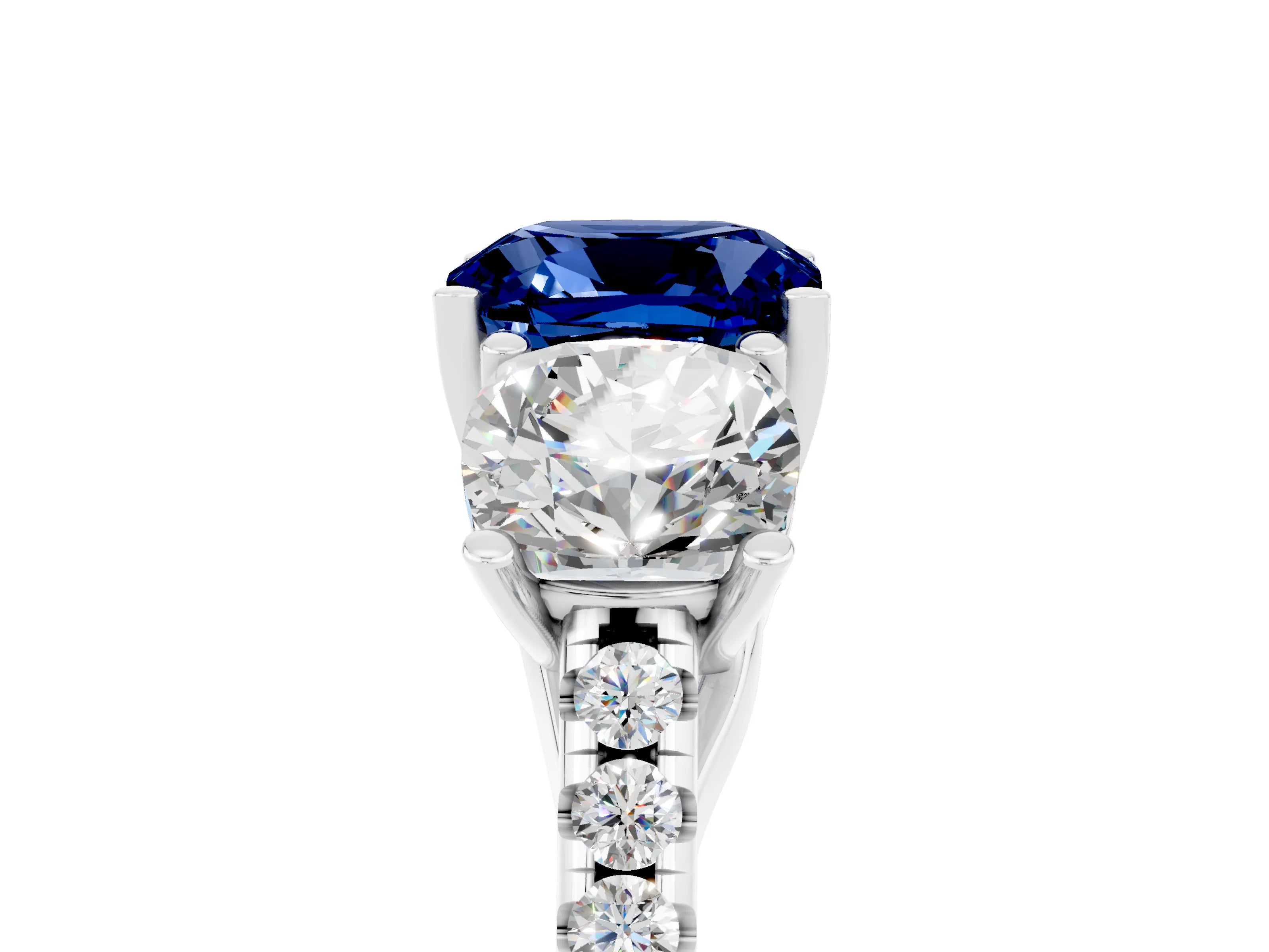 White gold Three-Stone Cushion Cut Blue Sapphire Ring with Pavé Band and Prong Setting_17