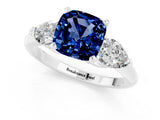 White gold Three-Stone Cushion Cut Blue Sapphire Ring with Pear Side Stones and Four-Prong Setting_1