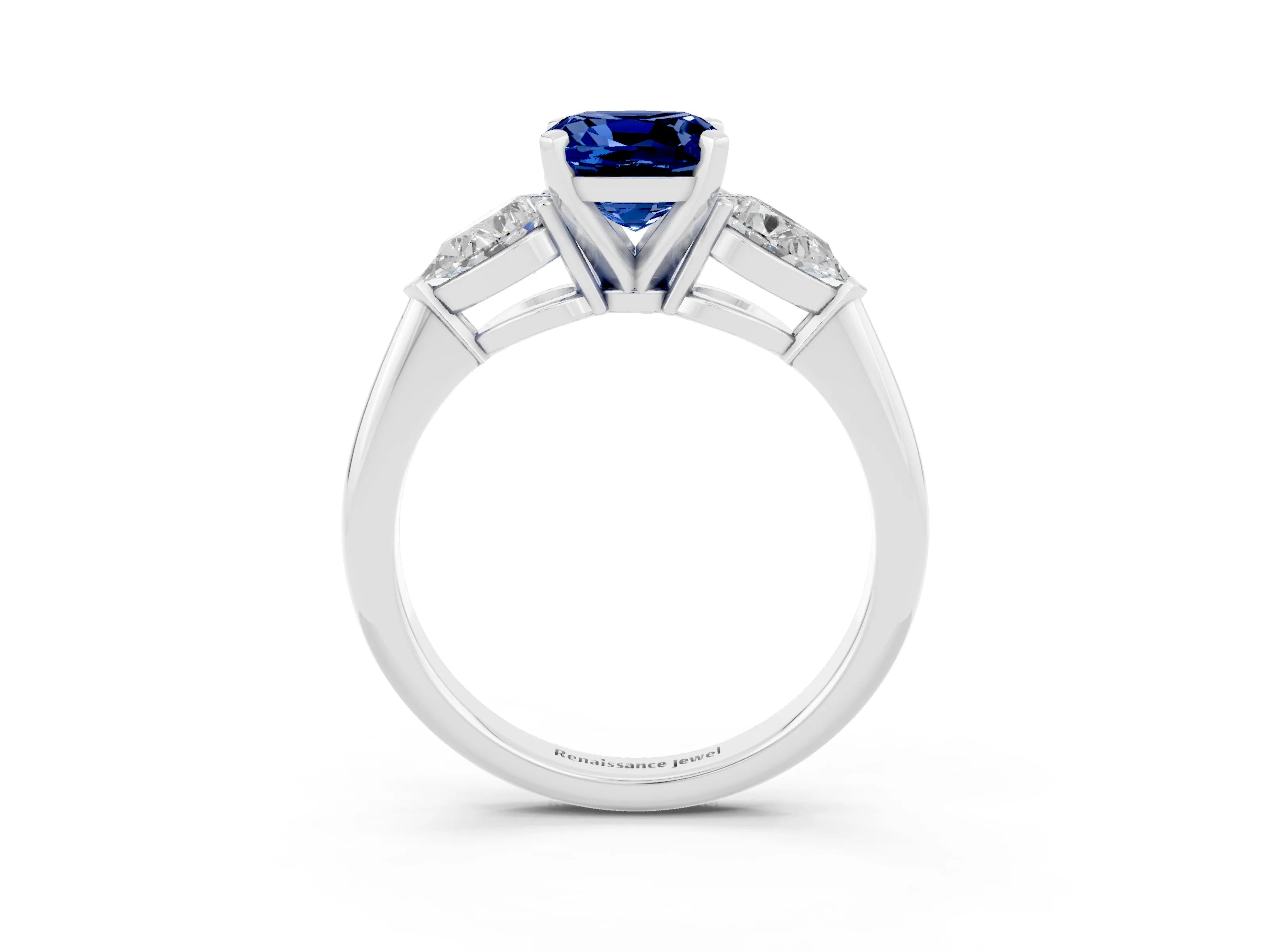 White gold Three-Stone Cushion Cut Blue Sapphire Ring with Pear Side Stones and Four-Prong Setting_3
