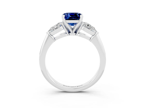 White gold Three-Stone Cushion Cut Blue Sapphire Ring with Pear Side Stones and Four-Prong Setting
