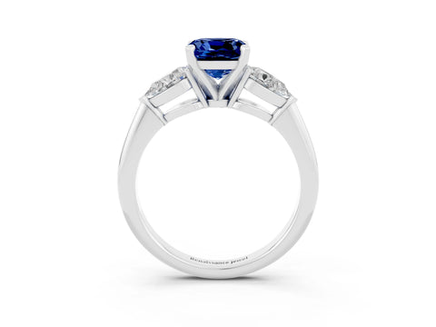 White gold Three-Stone Cushion Cut Blue Sapphire Ring with Pear Side Stones and Four-Prong Setting_3
