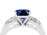 White gold Three-Stone Cushion Cut Blue Sapphire Ring with Pear Side Stones and Four-Prong Setting_4