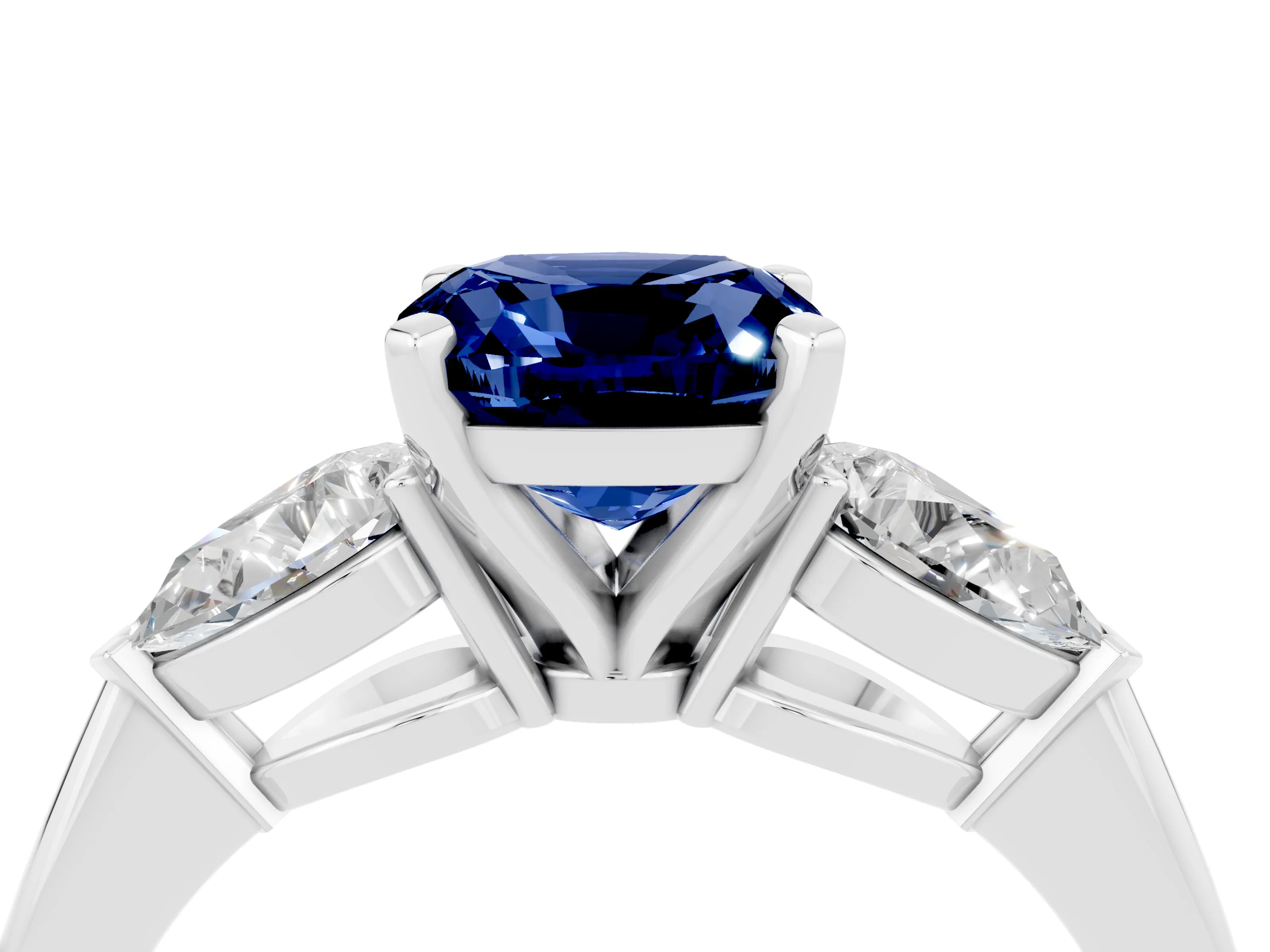 White gold Three-Stone Cushion Cut Blue Sapphire Ring with Pear Side Stones and Four-Prong Setting_4