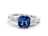 White gold Three-Stone Cushion Cut Blue Sapphire Ring with Pear  Side Stones in Four-Prong Setting_12
