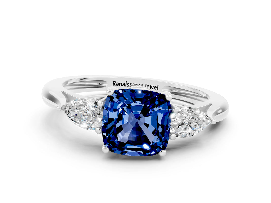 White gold Three-Stone Cushion Cut Blue Sapphire Ring with Pear  Side Stones in Four-Prong Setting_12