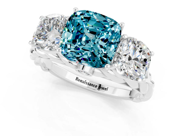 White gold Three-Stone Cushion Cut Blue Topaz Braided Band Ring with Four-Prong Setting