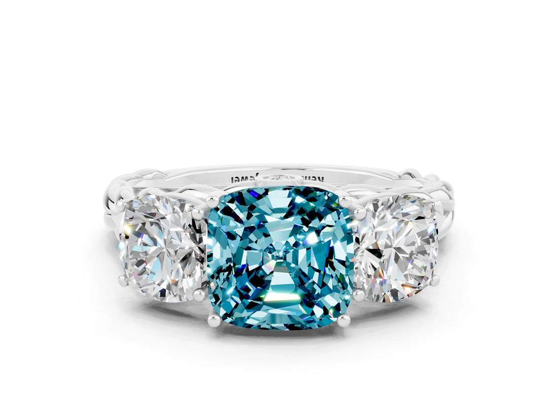 White gold Three-Stone Cushion Cut Blue Topaz Braided Band Ring with Four-Prong Setting_48