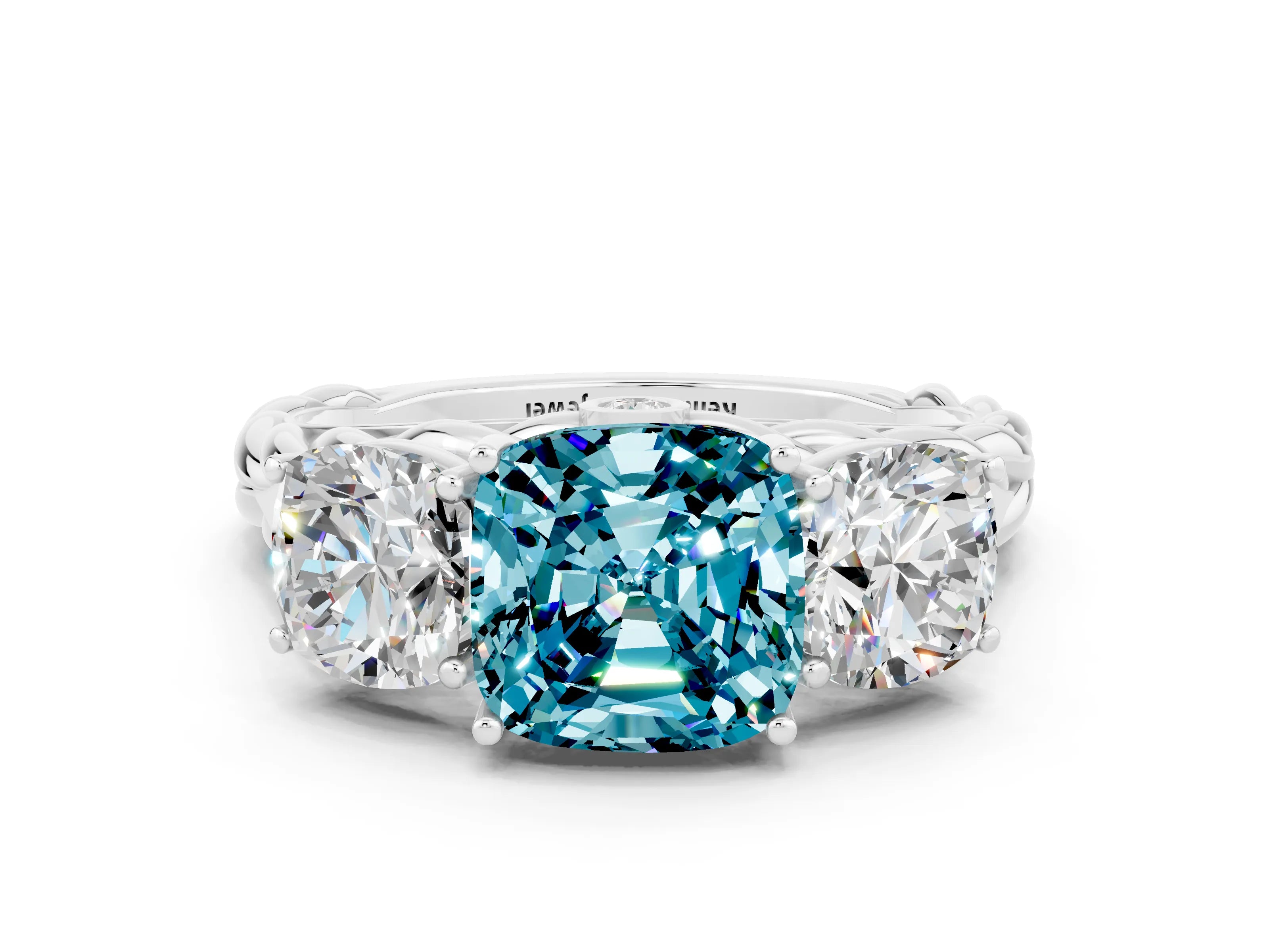White gold Three-Stone Cushion Cut Blue Topaz Braided Band Ring with Four-Prong Setting_48