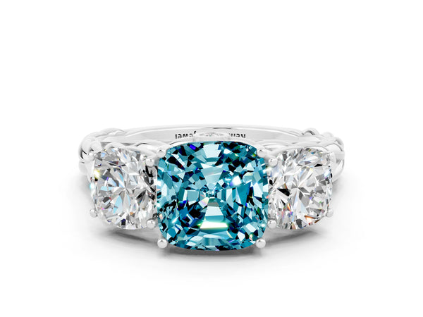 Silver Three-Stone Cushion Cut Blue Topaz Braided Band Ring with Four-Prong Setting