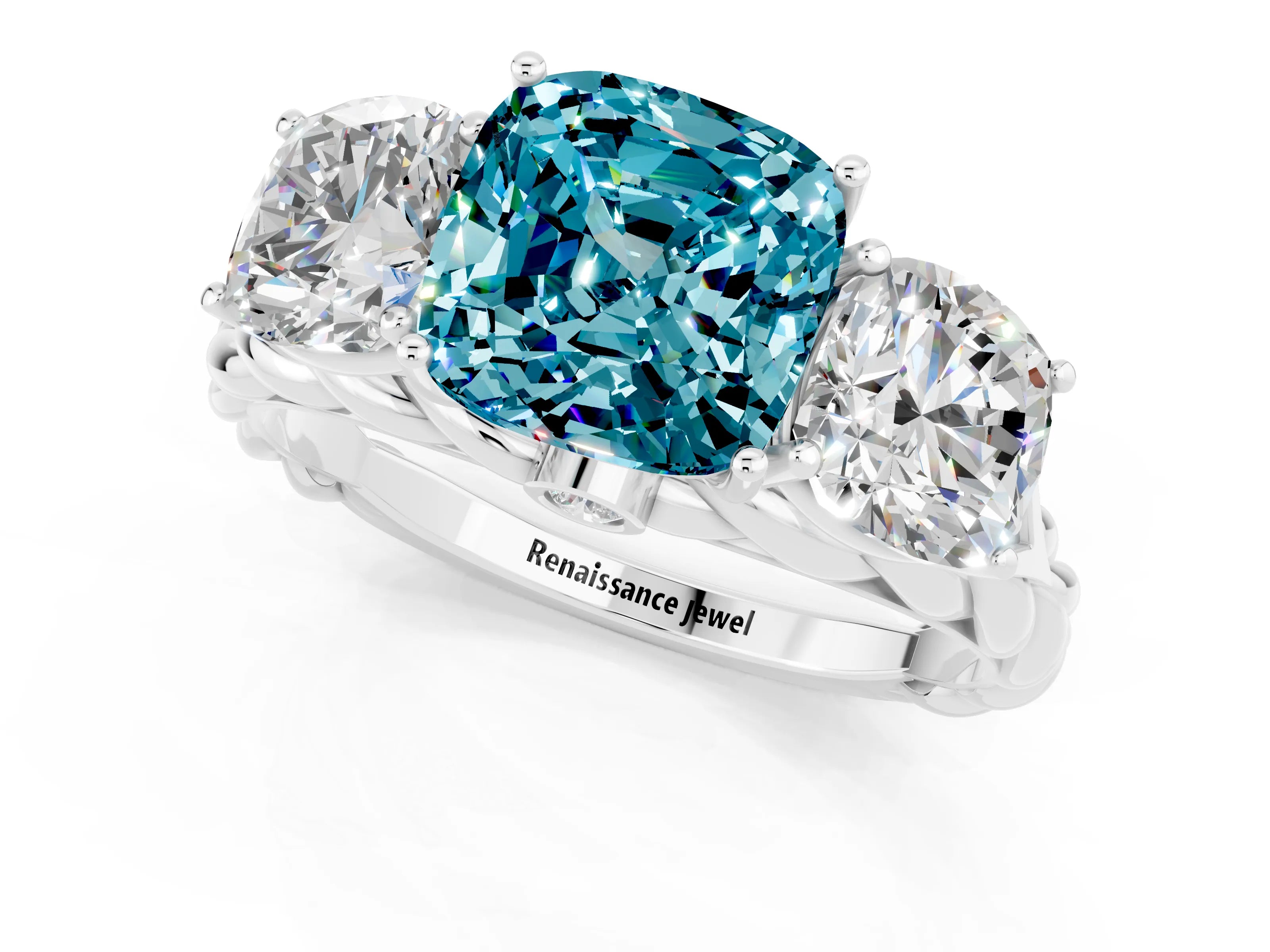 White gold Three-Stone Cushion Cut Blue Topaz Braided Band Ring with Four-Prong Setting_49