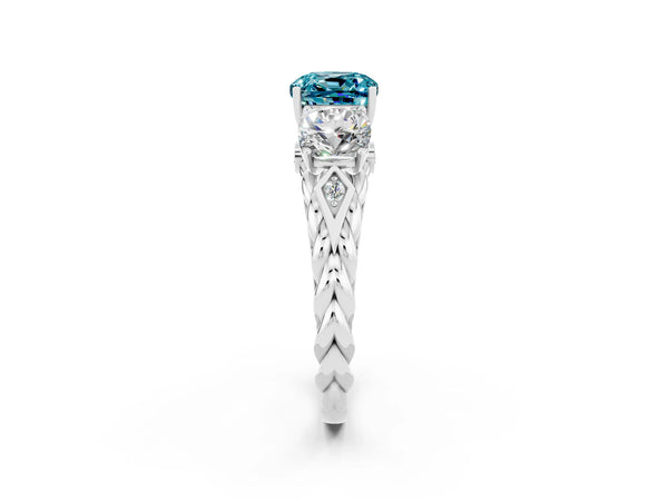 Platinum Three-Stone Cushion Cut Blue Topaz Braided Band Ring with Four-Prong Setting