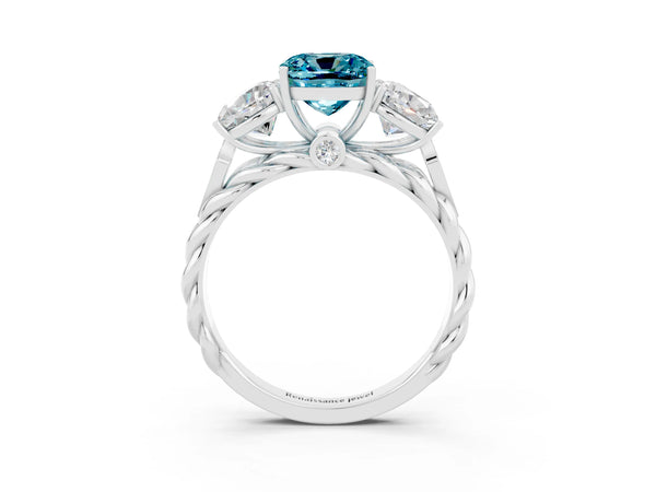 Silver Three-Stone Cushion Cut Blue Topaz Braided Band Ring with Four-Prong Setting