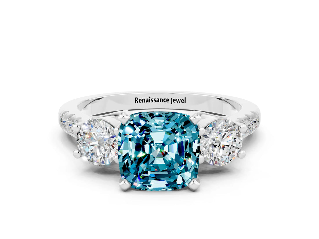 White gold Three-Stone Cushion Cut Blue Topaz Pavé Band with Four-Prong Setting