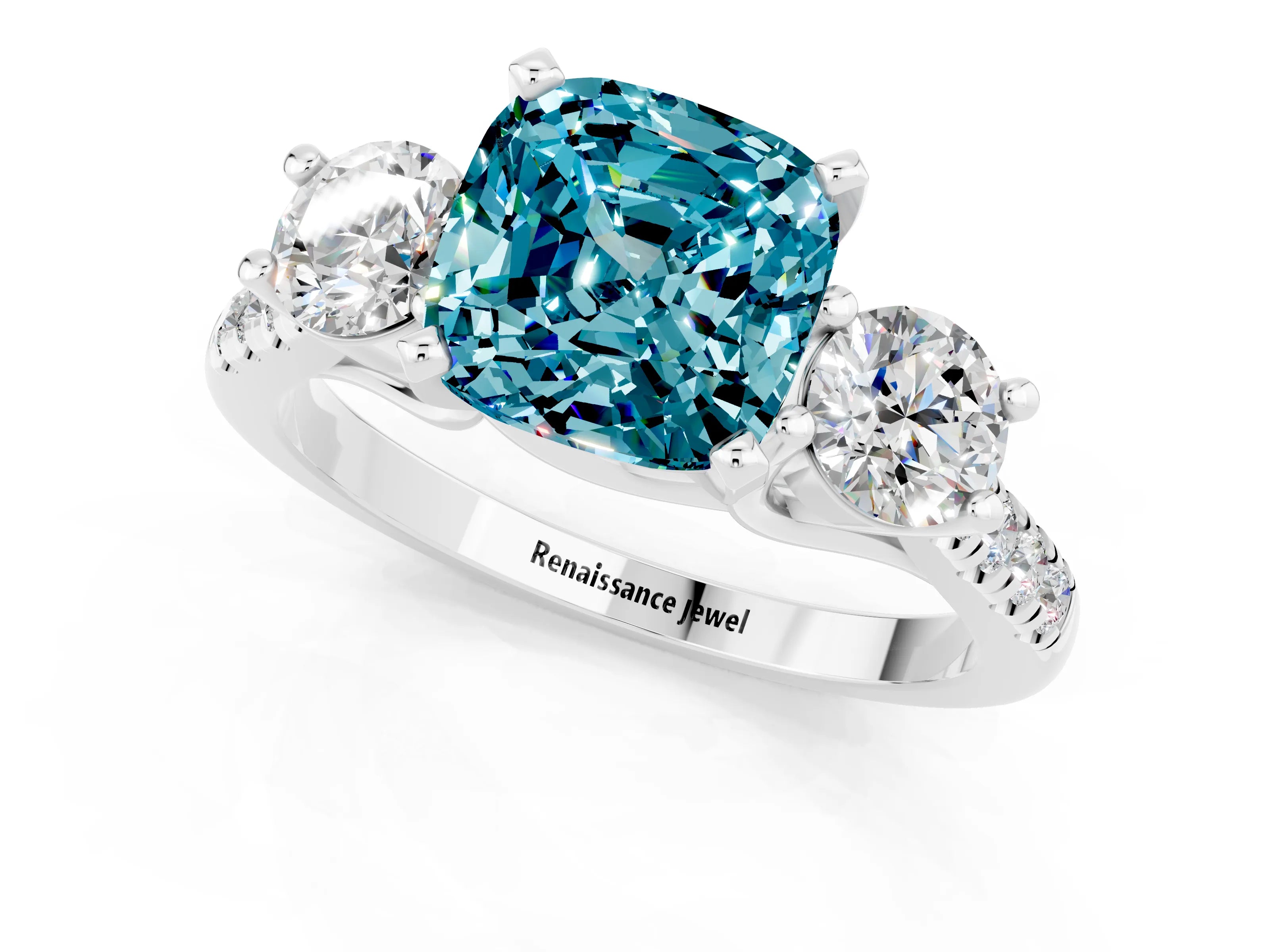 White gold Three-Stone Cushion Cut Blue Topaz Pavé Band with Four-Prong Setting_1