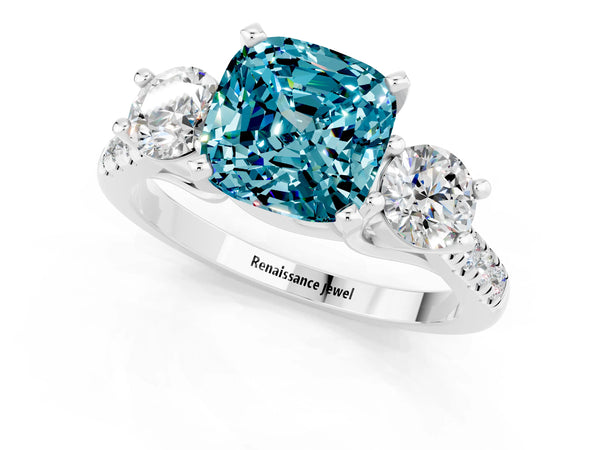 White gold Three-Stone Cushion Cut Blue Topaz Pavé Band with Four-Prong Setting